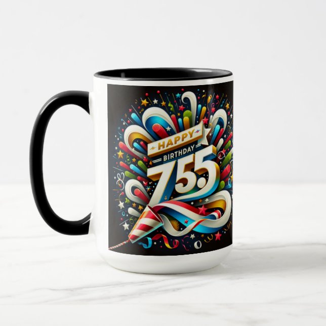 Taza Feliz 75 cumpleaños 2025 Mug, celebración de Confe (Izquierda)
