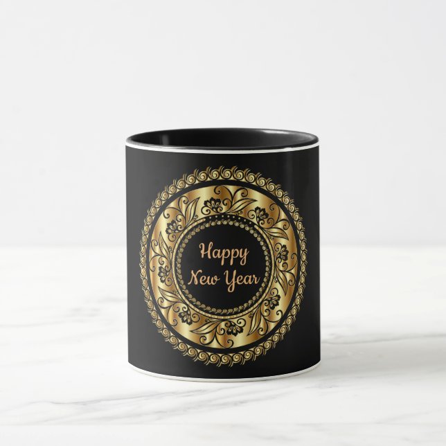 Taza Feliz Año Nuevo, elegante negro y oro, (Centro)