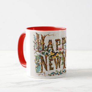 Taza Feliz Año Nuevo en troncos de árboles, bellotas y