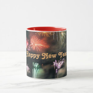 Taza Feliz Año Nuevo, espectaculares fuegos artificiale