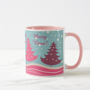 Taza Feliz árbol de navidad retro rosado bonito,