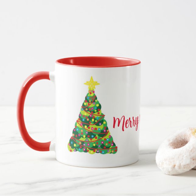 Taza Feliz café navideño con árboles de vacaciones (Con donut)