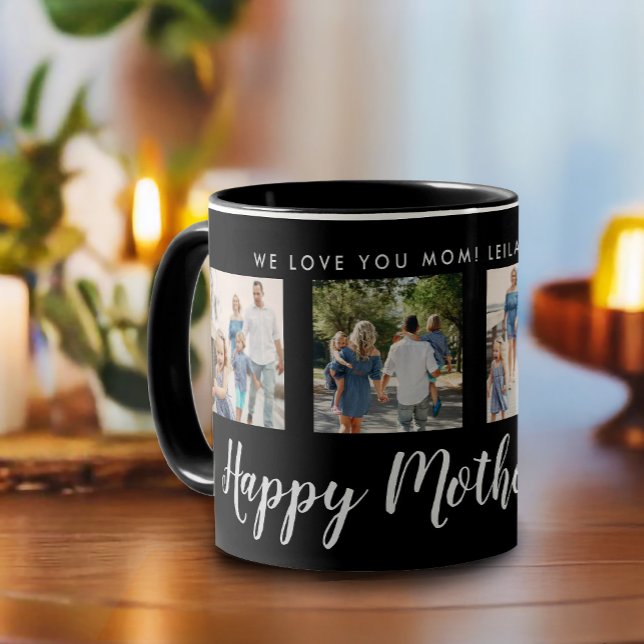 Taza Feliz Collage de fotos del Día de la Madre Negro (Happy Mother's Day script font with 4 family photo slots along with a custom message)
