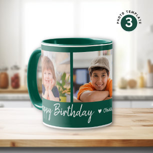 Taza Feliz cumpleaños 3 Collage de fotos Verde