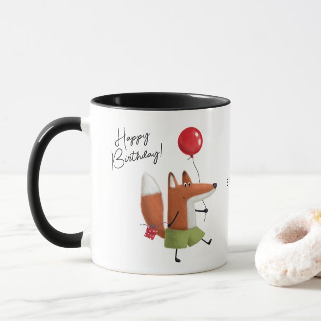 Taza Feliz cumpleaños Cute Balloon Fox nombre personali (Con donut)