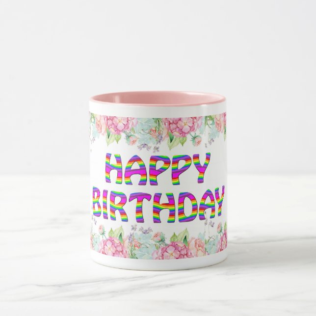 Taza Feliz cumpleaños, diseño floral (Centro)