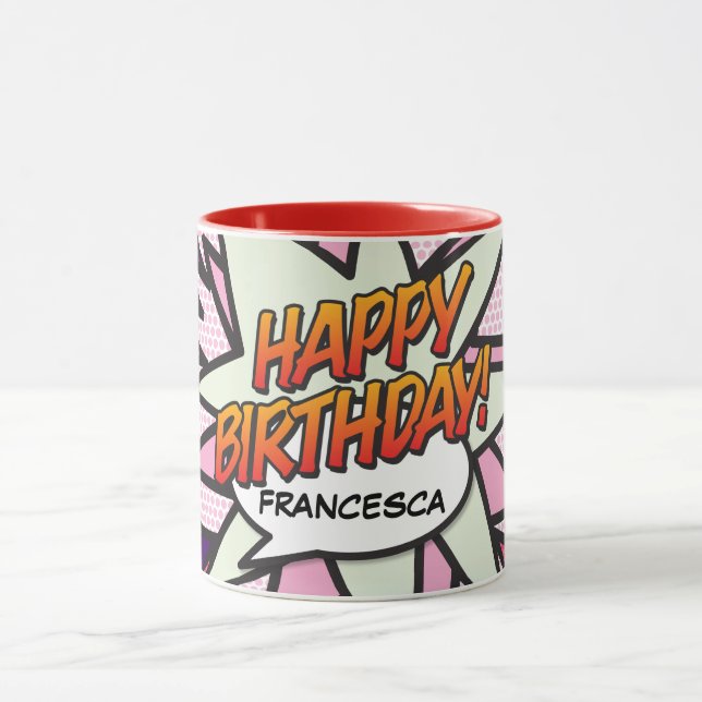 Taza FELIZ CUMPLEAÑOS Divertido Retró Cómic Rosa (Centro)