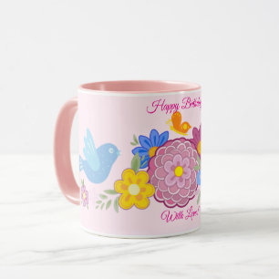 Taza Feliz cumpleaños Flores salvajes Patrón de aves en