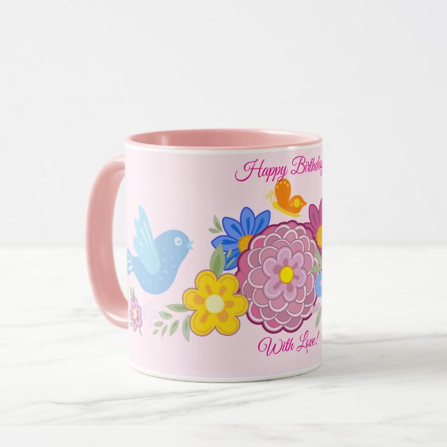 Taza Feliz cumpleaños Flores salvajes Patrón de aves en (Anverso izquierdo)