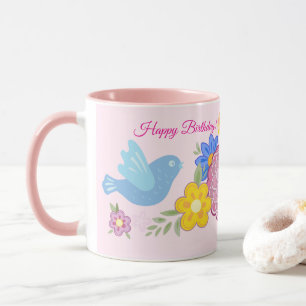 Taza Feliz cumpleaños Flores salvajes Patrón de aves en