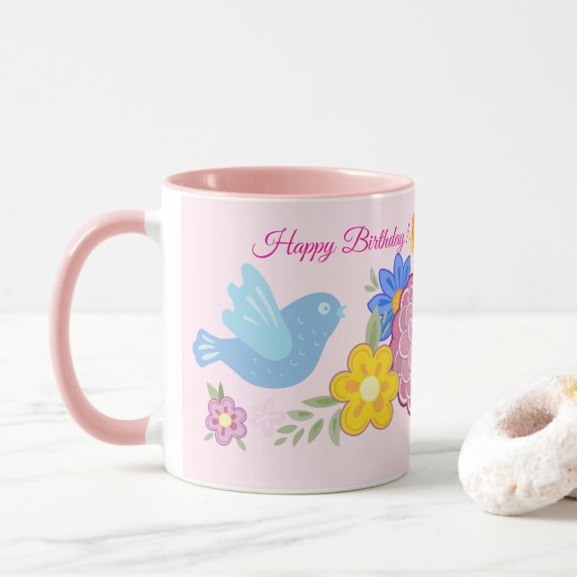 Taza Feliz cumpleaños Flores salvajes Patrón de aves en (Con donut)