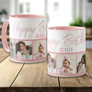 Taza Feliz Cumpleaños Gigi 5 Collage de Fotos Rosa