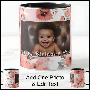 Taza Feliz Cumpleaños Mamá Foto Floral Rosa 009