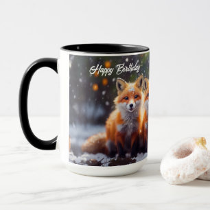Taza Feliz cumpleaños Mug Foxes en bosque de nieve