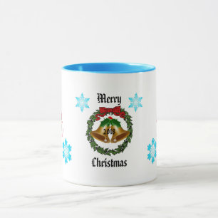 Taza Feliz cumpleaños navideño, corona, campanas y copo