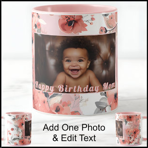 Taza Feliz Cumpleaños Nueva Mamá Foto Floral Rosa Lindo