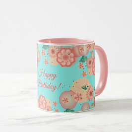Taza Feliz cumpleaños primavera Peach Flowers patrón de