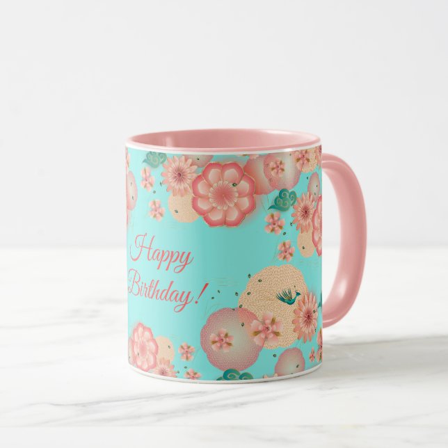 Taza Feliz cumpleaños primavera Peach Flowers patrón de (Anverso derecho)