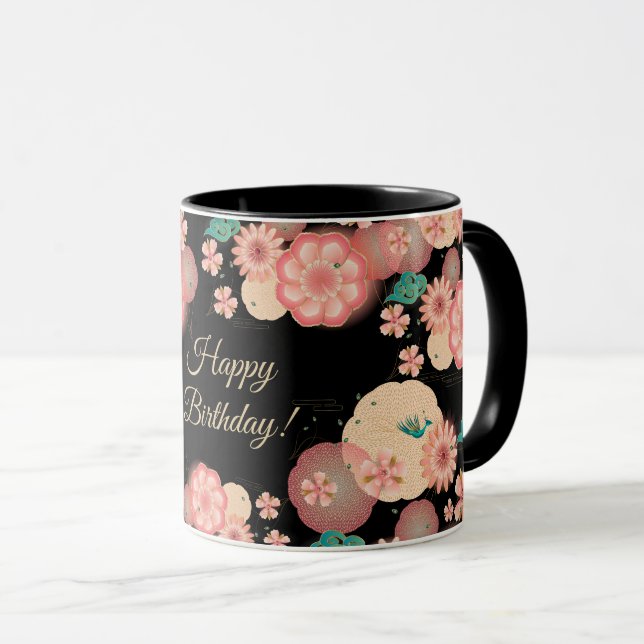 Taza Feliz cumpleaños primavera Peach Flowers patrón de (Anverso derecho)