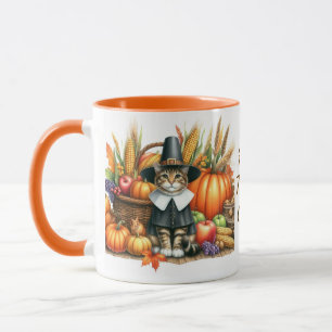 Taza Feliz Día de Acción de Gracias Peregrino Gato
