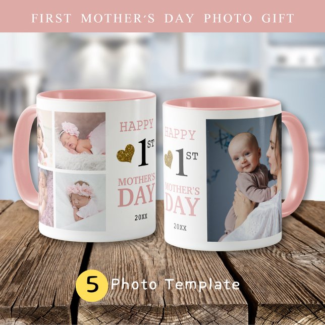 Taza Feliz Día de la Madre 5 Collage de fotos Rosa (Happy First Mother's Day 5 Photo Collage Pink Mug
)