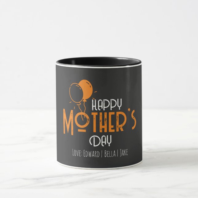 Taza Feliz Día de la Madre con globos y nombres Naranja (Centro)