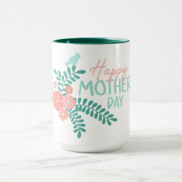 Taza Feliz día de la madre texto flores y pájaros
