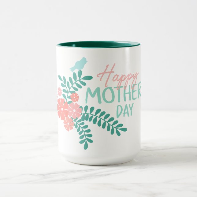 Taza Feliz día de la madre texto flores y pájaros (Centro)