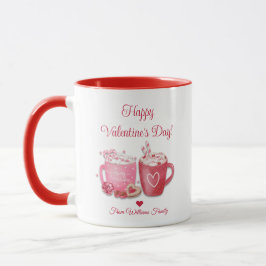 Taza feliz día de San Valentín, chocolate caliente rosa