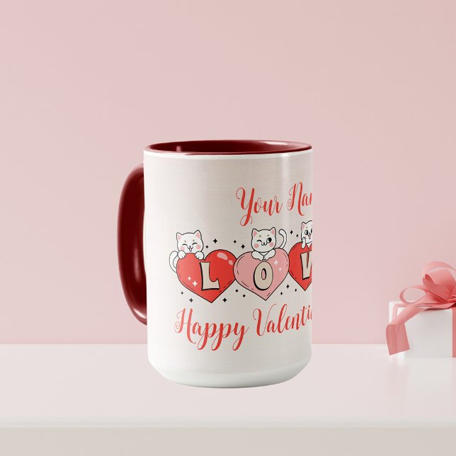 Taza Feliz Día de San Valentín, gatos con corazones ado (Subido por el creador)