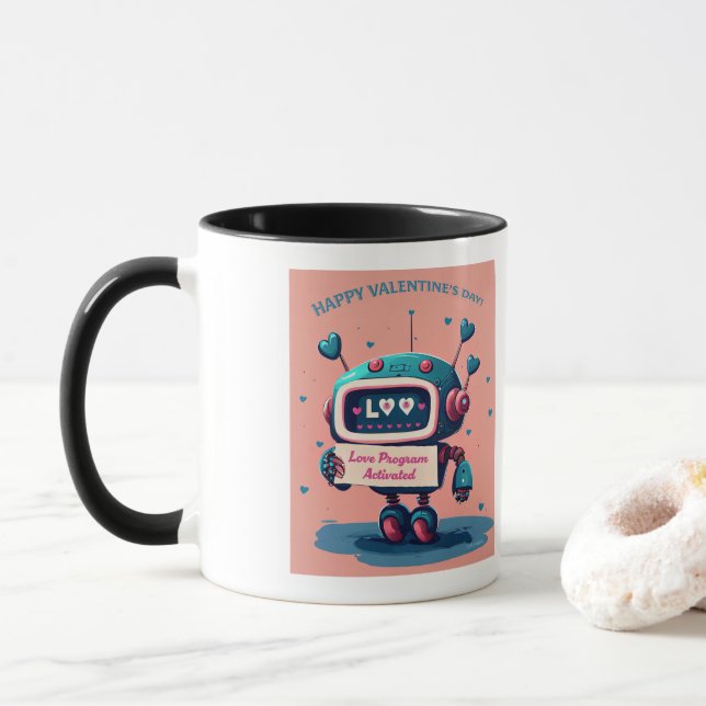 Taza Feliz Día de San Valentín lindo robot azul, fango  (Con donut)