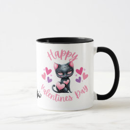 Taza Feliz Día de San Valentín Mug negro y gato rosa