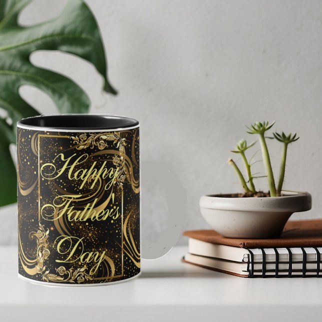 Taza Feliz Día del Padre Caligrafía de oro Black Swirls (Happy Father's Day Gold Calligraphy Black Swirls Mug)