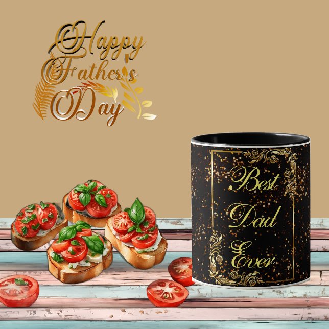 Taza Feliz Día del Padre caligrafía oro negro (Happy Father's Day Calligraphy Gold Confetti Black Mug)