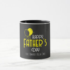 Taza Feliz Día del Padre con globos y nombres amarillos