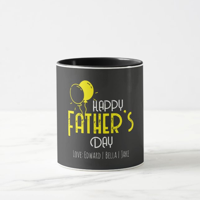 Taza Feliz Día del Padre con globos y nombres amarillos (Centro)