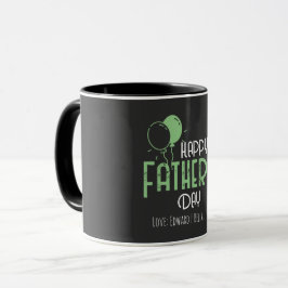 Taza Feliz Día del Padre con globos y nombres verdes