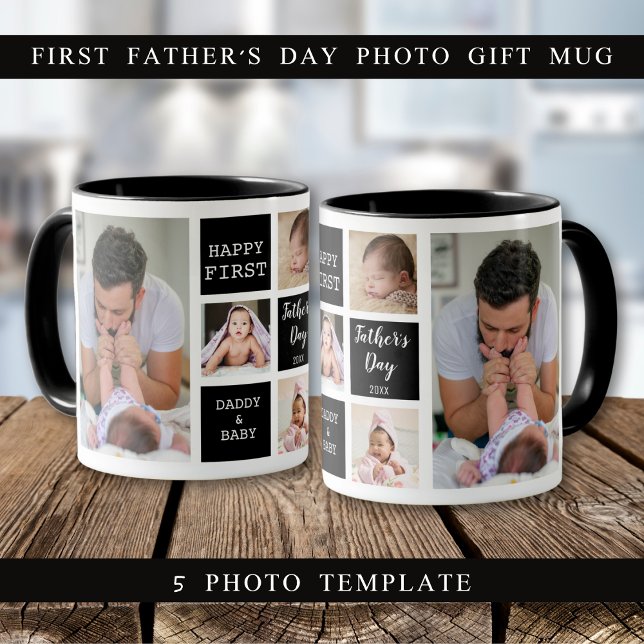 Taza Feliz Día del Primer Padre 5 Collage de fotos negr (Happy First Father's Day 5 Photo Collage Black Mug
)