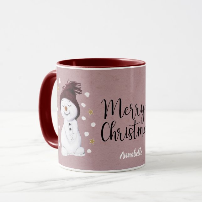 Taza Feliz feriado de Navidades rosados de Snowman (Anverso izquierdo)
