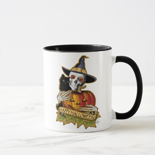 Taza Feliz Gato Negro de Halloween, Calavera y Calabaza (Derecha)