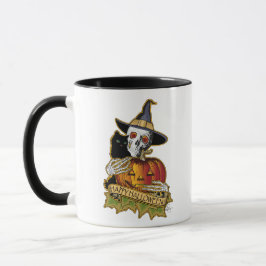 Taza Feliz Gato Negro de Halloween, Calavera y Calabaza