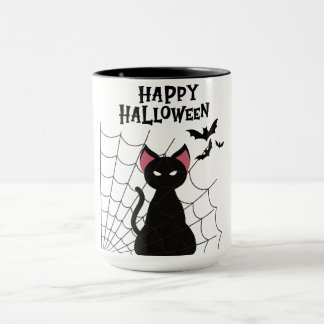 Taza FELIZ Gato negro HALLOWEEN, murciélagos y Web.