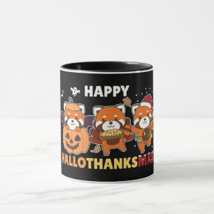 Taza Feliz Hallothanksmas Pandas Navidades Panda Rojo
