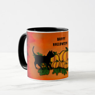 Taza Feliz Halloween , Gato Negro , Murciélago y Calaba