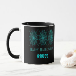 Taza Feliz Halloween neurona azul spiderweb negro