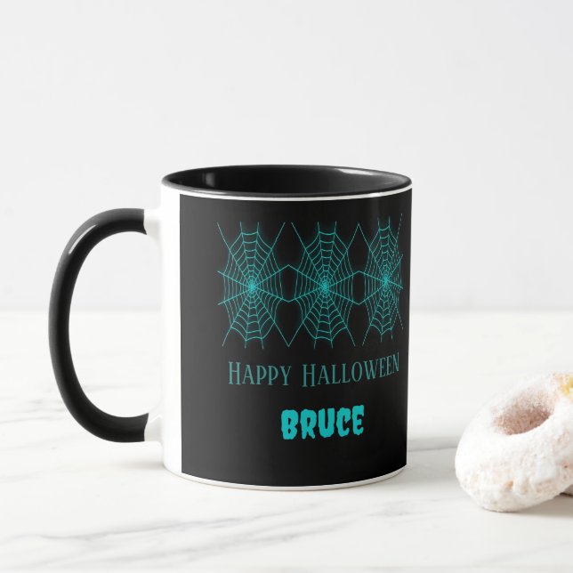 Taza Feliz Halloween neurona azul spiderweb negro (Con donut)