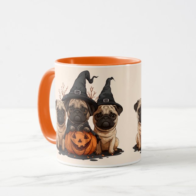 Taza Feliz Halloween Pugs Jack O Lanterns (Anverso izquierdo)