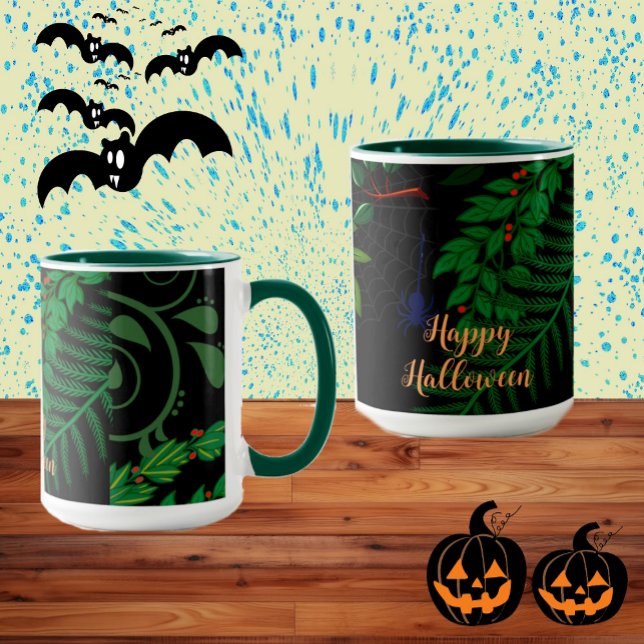 Taza Feliz Halloween Verde Oscuro Foliage Botánico (Happy Halloween Dark Greenery Botanical Foliage Mug)