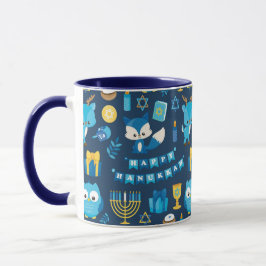 Taza Feliz Hanukkah Menorah Sufganiyot Cute Owl Blue