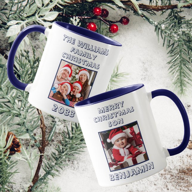 Taza Feliz hijo de navidad foto marina azul y blanco (Front And Back)